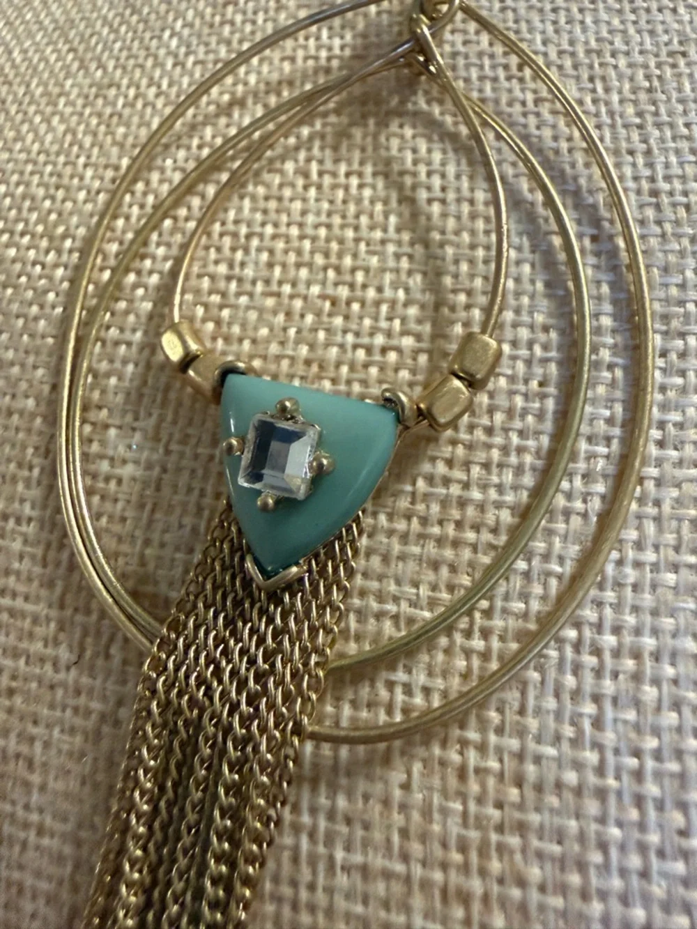 Gold-Tone Teal Triangle Pendant Tassel Necklace‎